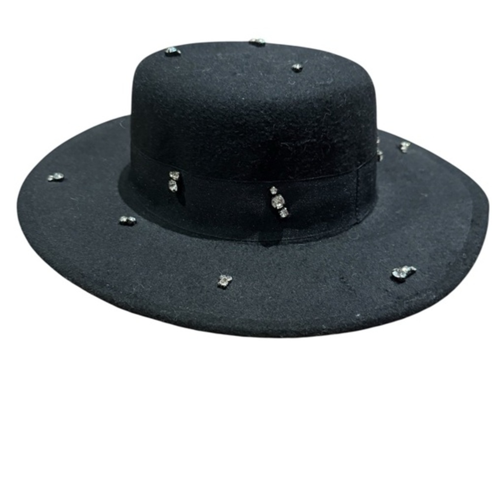 Steve Madden Black Wide Brim Wool Hat with Rhinestone Boho Glam Fedora